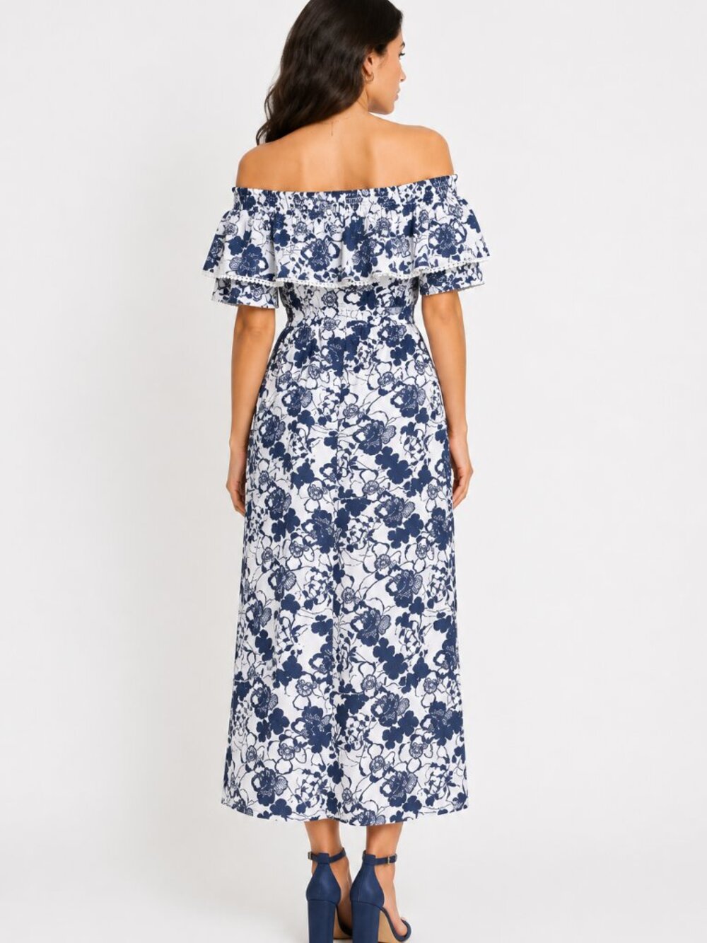 CHELSEA28 White Navy Floral Maxi Dress Off the Shoulder Fairy Size 0 or 2 - Picture 4 of 4